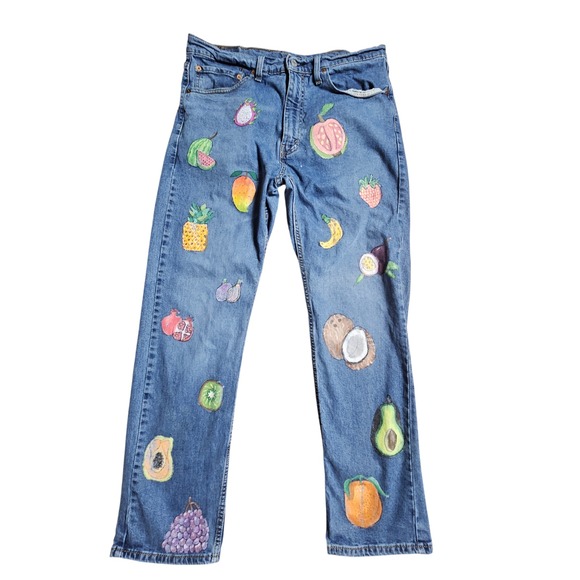 Levi's Womens 505 Regular Fit Jeans Fruits Hand Painted 36x30 Medium Wash Custom - Picture 5 of 9